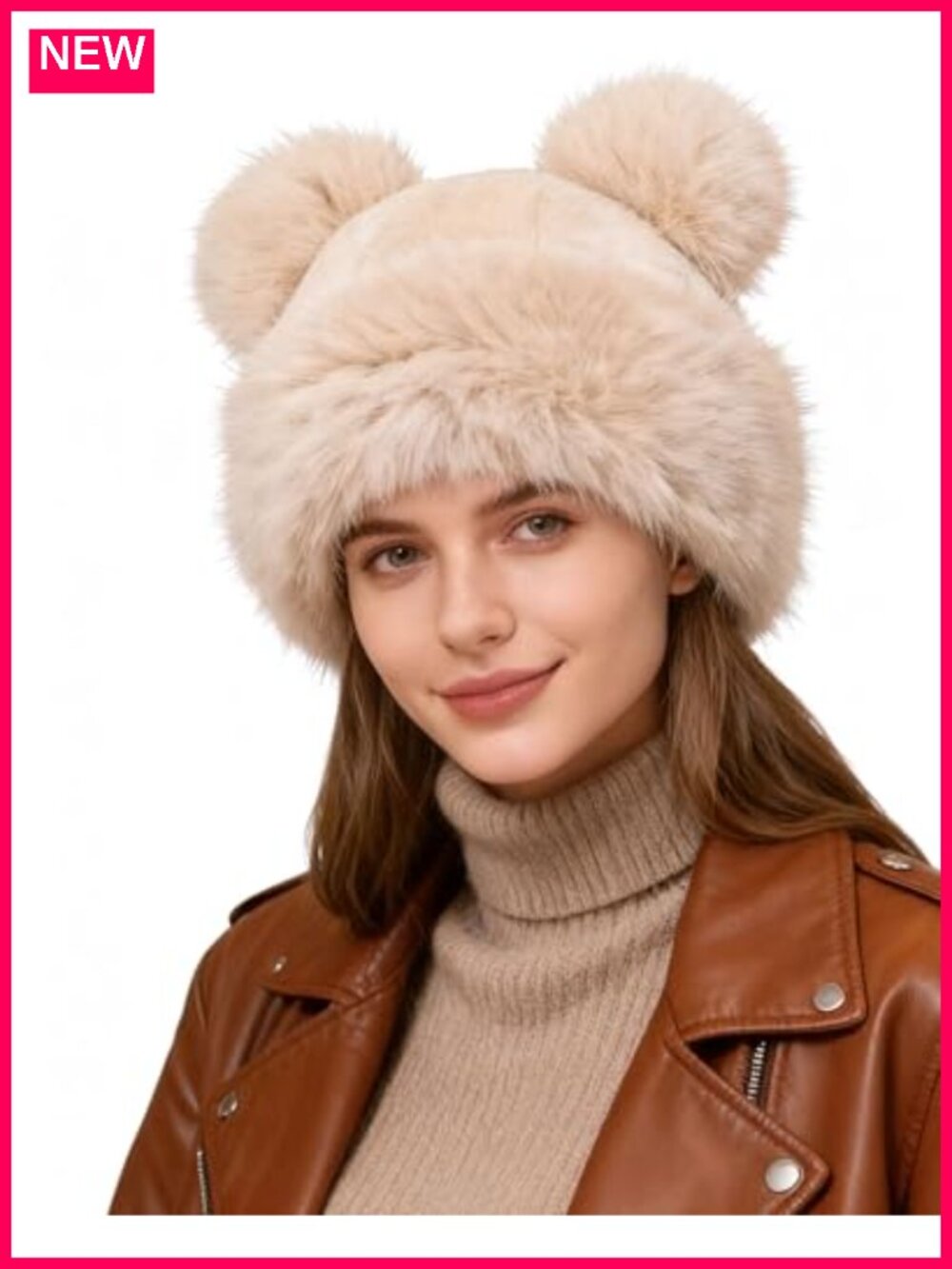 Women's Faux Fur Beanie Hat with Pom Pom Winter Warm Skiing Cap